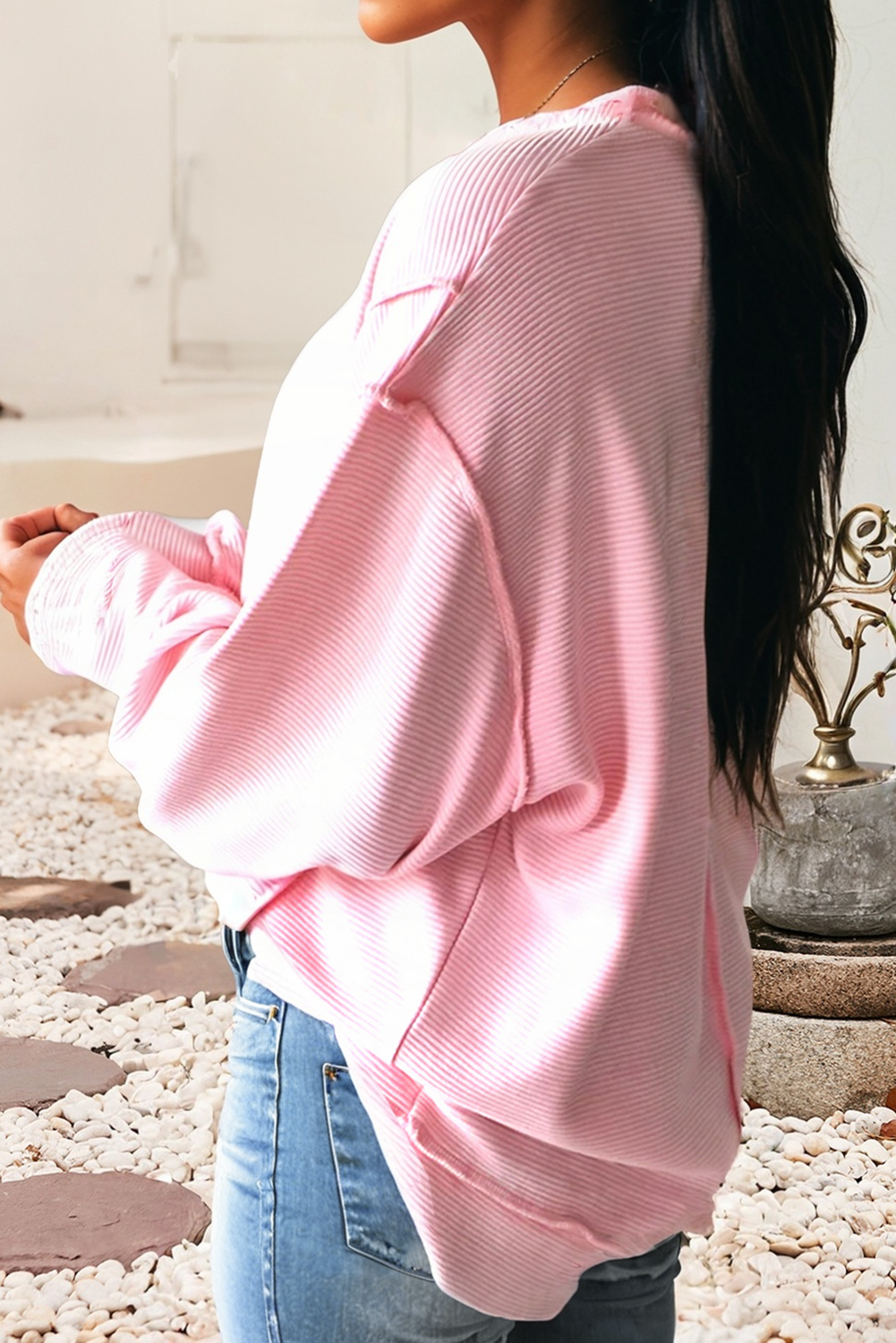 Horizontal Ribbed Exposed Seam Detail Top