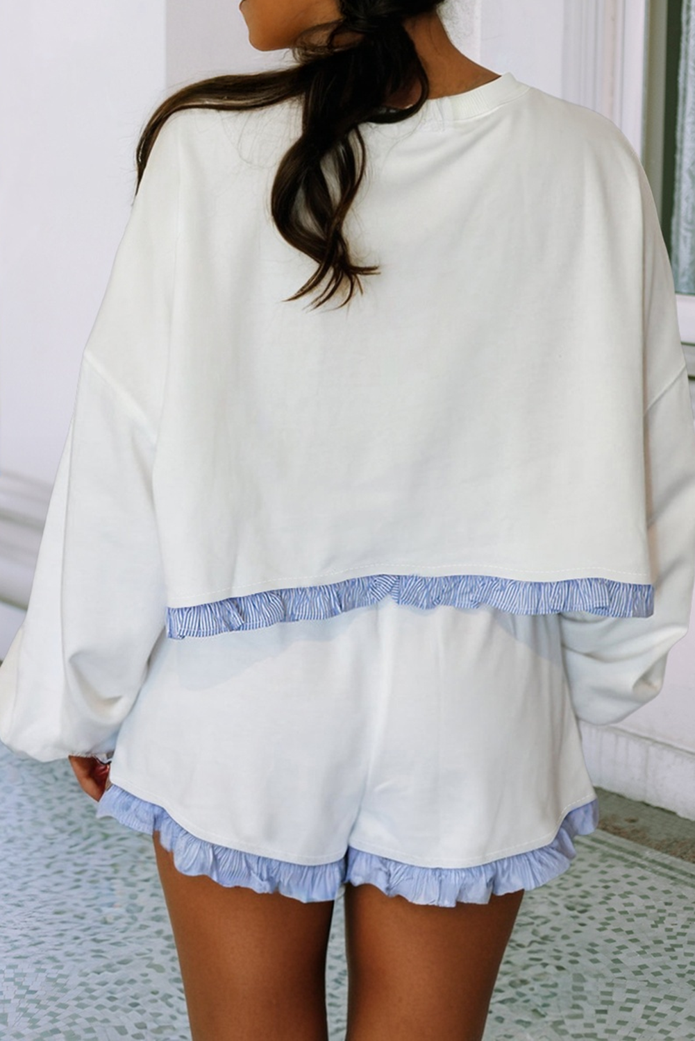 Stripe Ruffled Solid Casual Two Piece Set