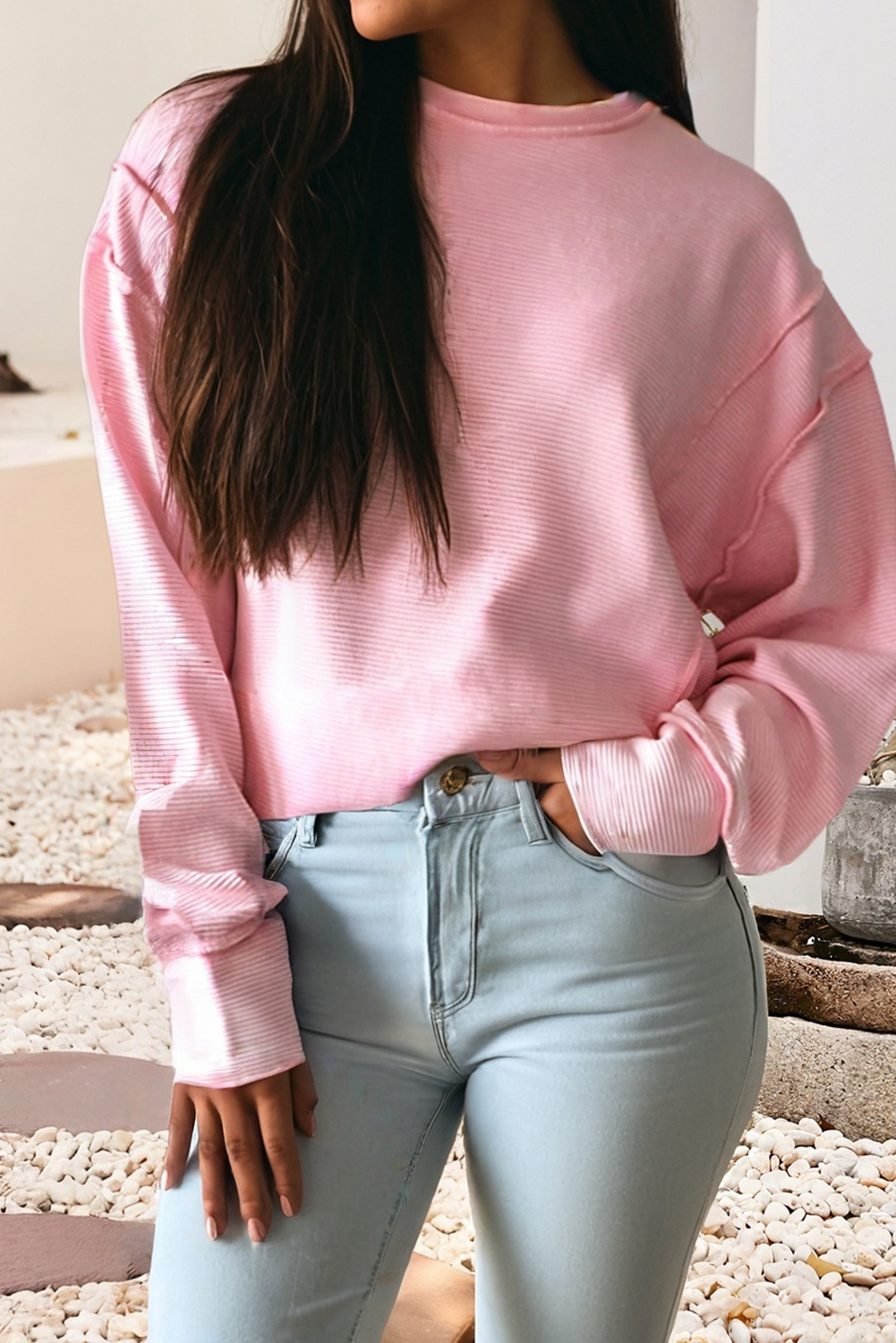 Horizontal Ribbed Exposed Seam Detail Top