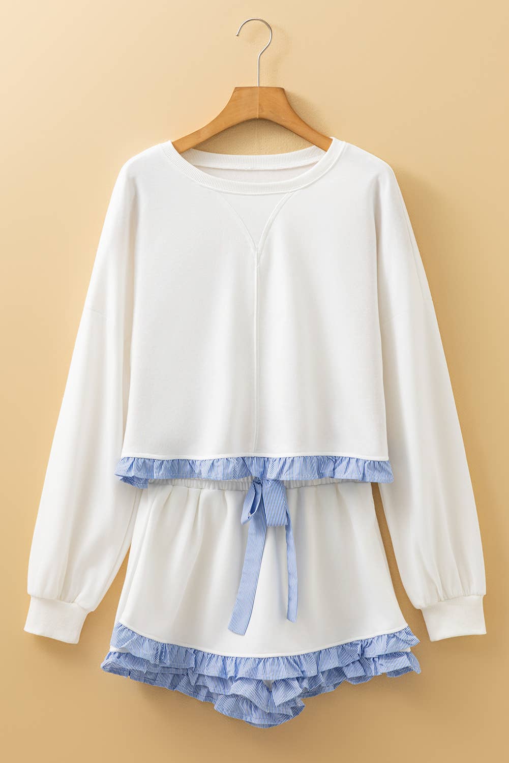 Stripe Ruffled Solid Casual Two Piece Set