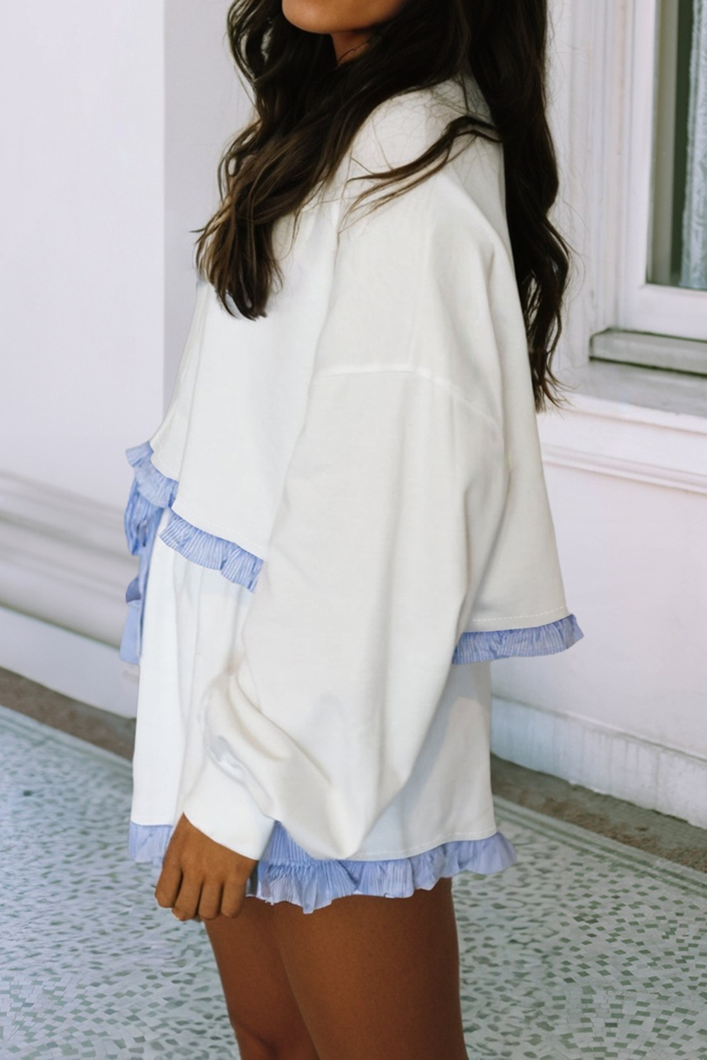 Stripe Ruffled Solid Casual Two Piece Set
