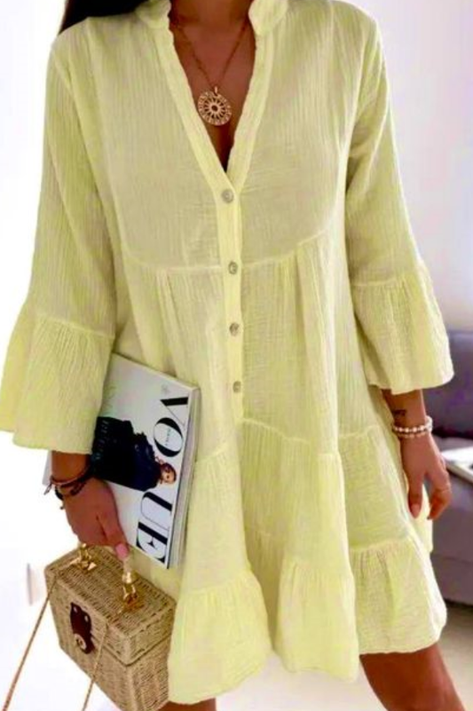 Yellow Gauze Cotton Italian Short Dress - Made in Italy / One Size Fits S-L