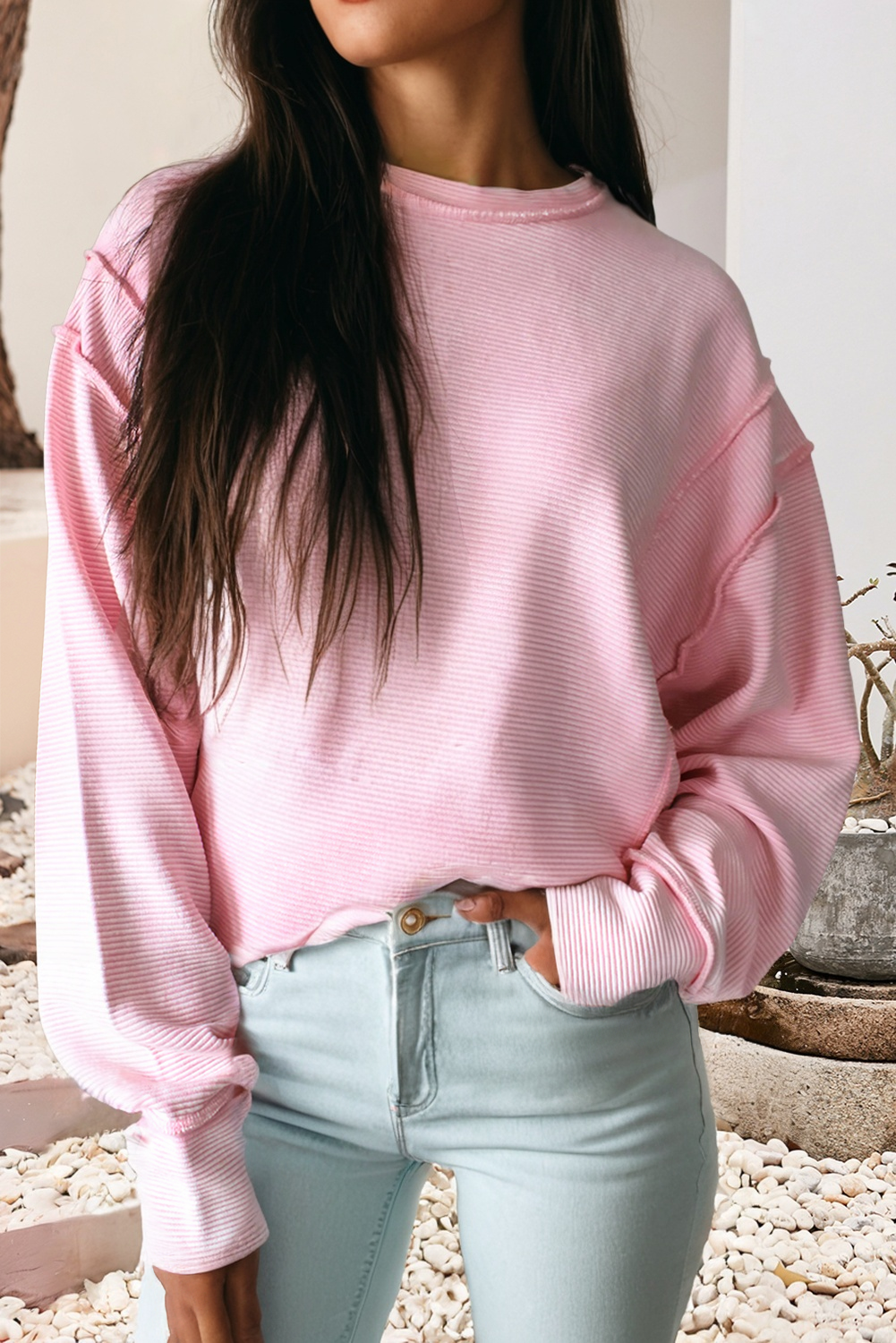 Horizontal Ribbed Exposed Seam Detail Top